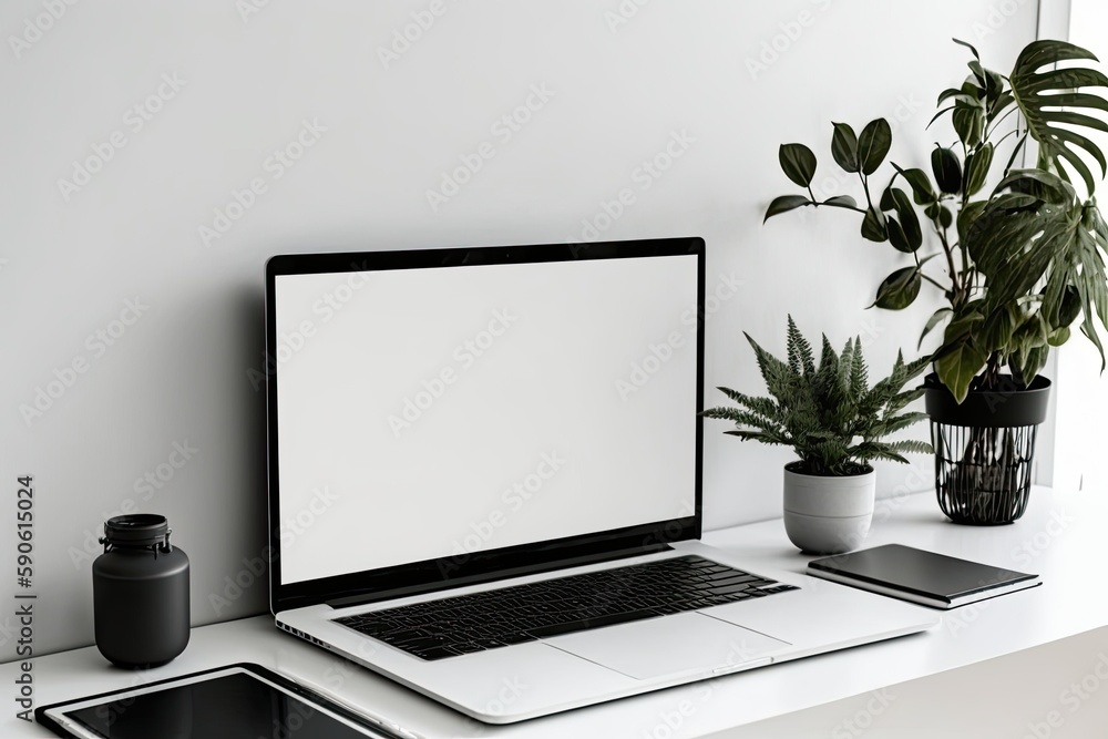 Poster at home, a minimalist workstation with a mock-up laptop computer and a blank screen is shown. genera