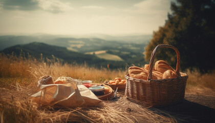 Rustic picnic organic bread, fresh fruit, grassy meadow generated by AI