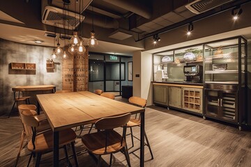 Fototapeta premium trendy co-working space with an industrial-chic design, communal workstations, cozy meeting pods, and an artisan coffee bar, catering to the needs of the modern-day freelancer - Generative AI