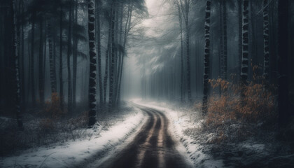Naklejka premium Spooky forest fog vanishing point mystery night generated by AI