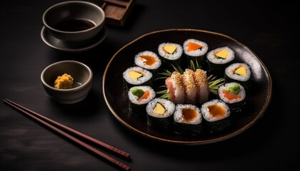 Fresh seafood meal maki, nigiri, and sashimi generated by AI