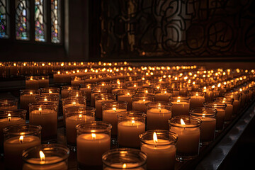 burning candles in church. Generative AI image.