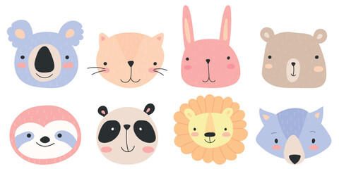 
Cute animal faces. Hand drawn character. Vector illustration. Cat, bear, lion, panda, sloth, koala, bunny, wolf.