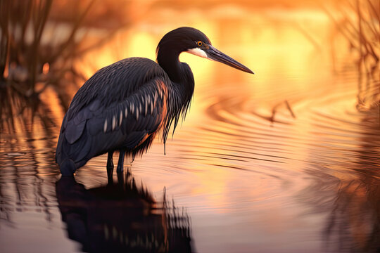 heron at sunset. Generative AI image.