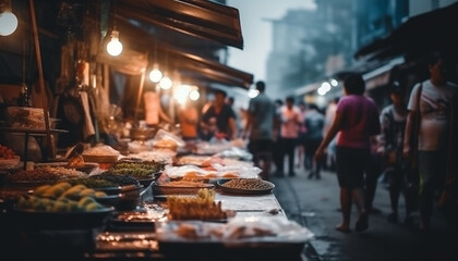 Fototapeta premium Fresh seafood grilling, city life at night generated by AI