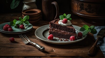 Delicious Chocolate Cake with Whipped Cream, Raspberries, and Mint, Generative AI