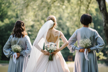 The bride and bridesmaids in an elegant dress is standing and holding hand bouquets of pastel pink...
