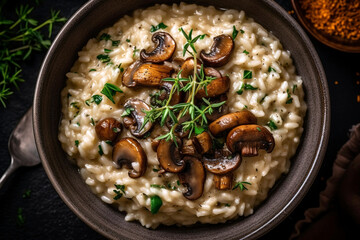 Bowl of creamy risotto with sautéed mushrooms, garnished with parmesan and fresh herbs.