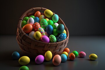 An image of a basket filled with colorful Easter eggs. Generative AI