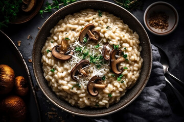 Bowl of creamy risotto with sautéed mushrooms, garnished with parmesan and fresh herbs.