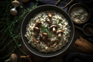Bowl of creamy risotto with sautéed mushrooms, garnished with parmesan and fresh herbs.