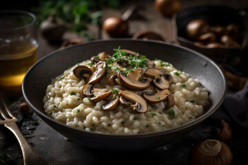 Bowl of creamy risotto with sautéed mushrooms, garnished with parmesan and fresh herbs. - obrazy, fototapety, plakaty