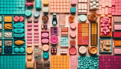 Obraz na płótnie Canvas Vibrant colored medicine capsule collection a creative pattern generated by AI