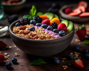 Vibrant, healthy smoothie bowl filled with blended fruits, yogurt, and topped with granola, nuts, and fresh berries.