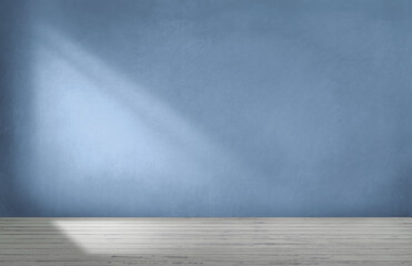 Home interior. Empty room, wooden floor, Sky Blue color painted wall and Texture, banner. 3d illustration. Empty room with sunlight from the window. 3d background or interior. Copy space.