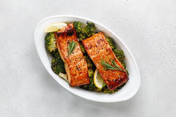 Salmon. Baked, roasted fish steaks, slices. Grilled salmon,trout fillet fish in marinade with...