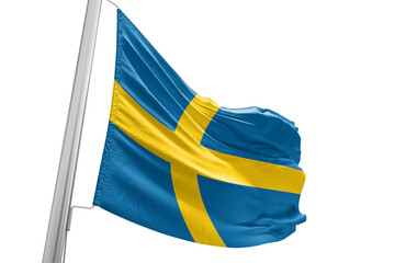 Sweden national flag cloth fabric waving on beautiful white Background.