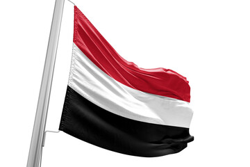 Fototapeta na wymiar Yemen national flag cloth fabric waving on beautiful white Background.