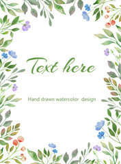 Watercolor floral template with  wildflowers. Design for posters, cards, banners designs. Hand drawing illustration on white background. Vector EPS.