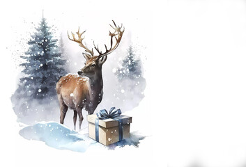 Deer with horns on a white background. watercola. Reindeer with a Christmas present. Banner. Generative AI