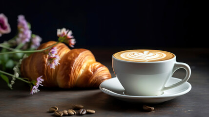 Freshly brewed cup of coffee with latte art, accompanied by a warm croissant and small flowers.