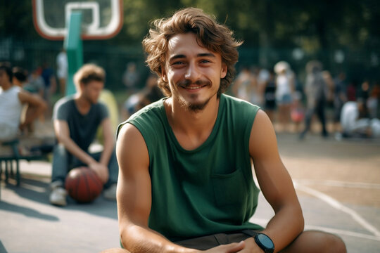 curly haired young man with green tank top smiling sitting next to basketball court - Generative AI