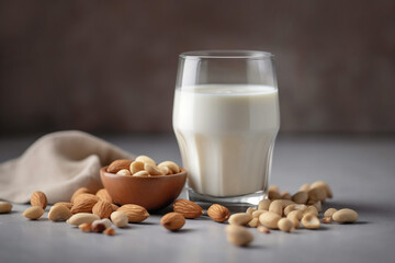 Dairy free vegan milk concept with glass of milk surrounded by nuts and soy. Generative AI illustration