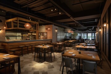 Fototapeta na wymiar bustling restaurant with an open kitchen concept, trendy industrial decor, cozy seating, and ambient lighting, providing a trendy and inviting atmosphere for diners - Generative AI