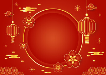 Happy Chinese new year 2024. Chinese new year banner with circle for show product. Greeting card. China frame with lantern on red background.
