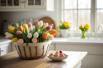 An bouquet of tulips and a basket of Easter eggs are both on the kitchen counter. Generative AI