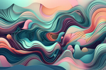 3d multidimensional abstract background, clean details, iridescent waves and lines pastel colors