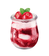 Watercolor illustration of yogurt with cranberry isolated on white background. White chocolate mousse cranberry jam in a glass.
