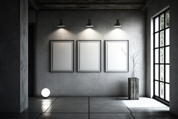 a concrete loft type that is austere and has empty picture frames. Generative AI