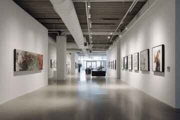 contemporary art gallery with minimalist white walls, track lighting, polished concrete floors, and unique artwork displays, providing a modern and curated space for art enthusiasts - Generative AI