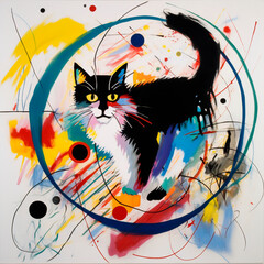abstract and eye-catching cat, white background, lines and color