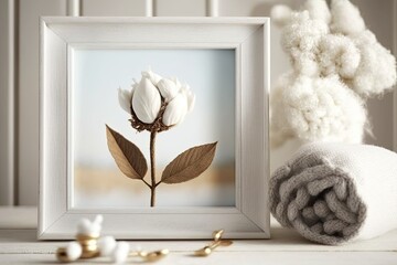 Cotton blossom on a white wooden frame. Generative AI