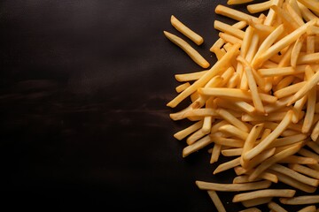 French fries on a black background. Top view. Generative AI