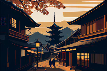 old japanese village flat illustration. ai generated