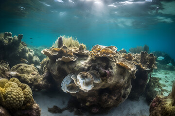 Bottom of the sea with oyster and shells at low tide.Generative AI illustration