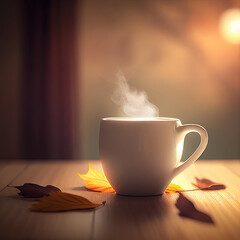 Coffee Cup on wooden tabletop, autumn evening background, Generative AI