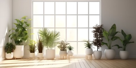 House plants in pots against a white wall, clean air, a healthy atmosphere at home on a sunny day, ai generative image