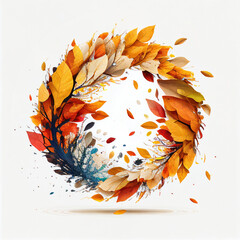Autumn leaves shaped in a circle on white background, Generative AI