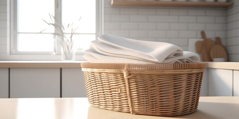 Fototapeta na wymiar Basket with clean towels on counter top in home bathroom, generative ai