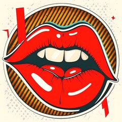 Woman red lips, open mouth with teeth and tongue, pop art generative ai illustration plump lips with red lipstick