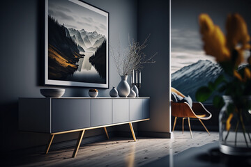 Modern minimalistic living room, grey color and wood floor