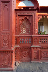 Decorative Jali, Railing, Pillars & Arches of Gurudwara Shri Guru Singh Sabha, Indore. Shri Guru Nanak Devji Sikh Gurudwara, Indore. Stone Carved Jali, Railing, Pillars & Arches. Indian Architecture.