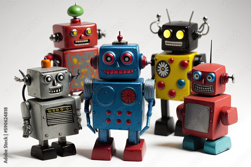 Poster view of a colorful assortment of old tin robot toys up close. generative ai
