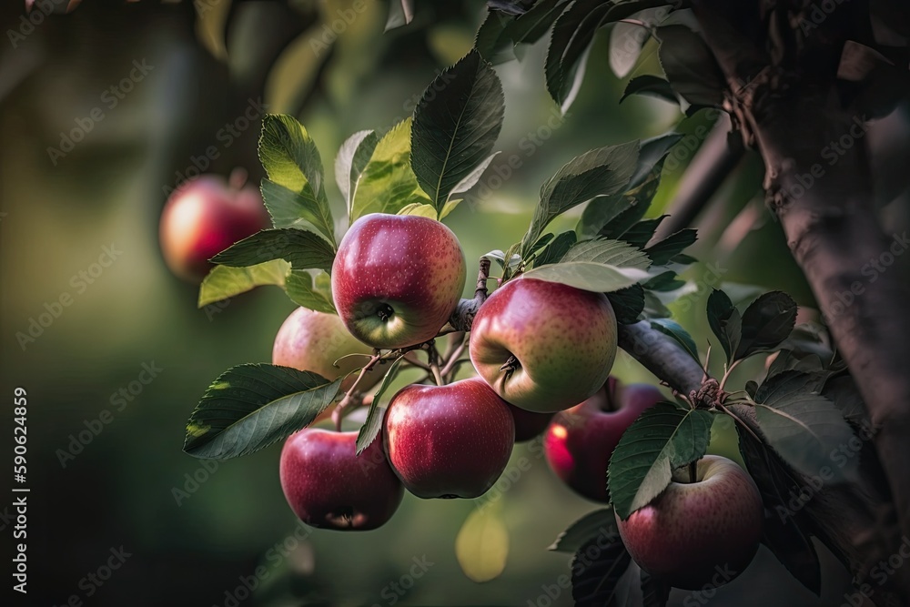 Wall mural apple tree a branch of beautiful red apples on a garden tree. generative ai