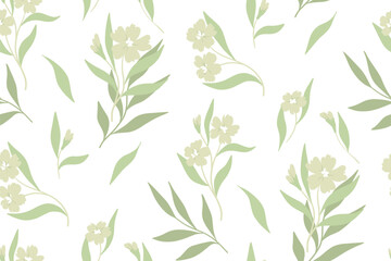 Seamless floral pattern, delicate flower print with branches on a light surface. Elegant botanical design with small hand drawn flowers on branches, leaves on white background. Vector illustration.