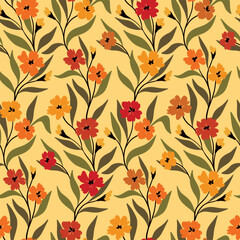 Seamless floral pattern, vintage flower print in 70s palette. Elegant botanical design for fabric, paper with small hand drawn flowers branches, leaves on yellow background. Vector illustration.